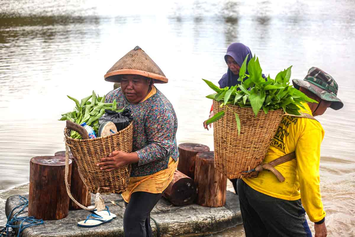 Women carrying baskets of fresh greens by the river
